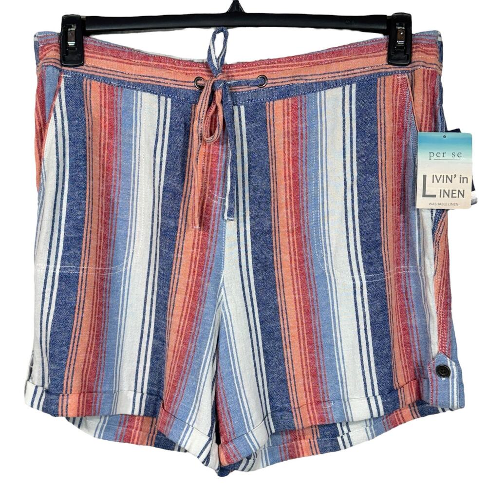 Perse X-Large Shorts Ombré Striped Linen Blend Cuffed Drawstring Elastic Waist